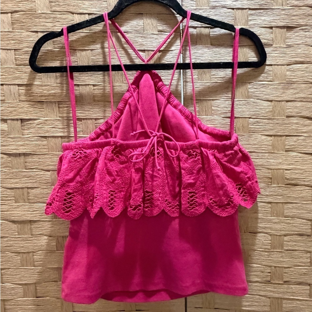 Anthropologie Ruffled Embroidered Halter Tie Back Tank in Medium Pink - Picture 4 of 6